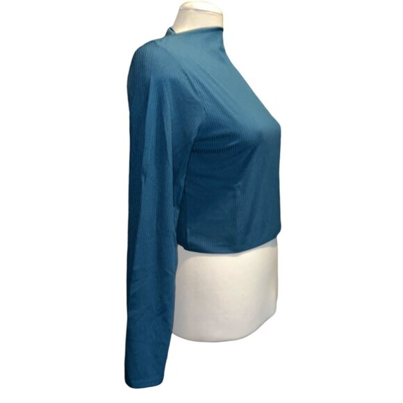 Band of the Free Open Back Ribbed High Neck Blouse Sz Medium Long Sleeve Teal - Picture 3 of 7